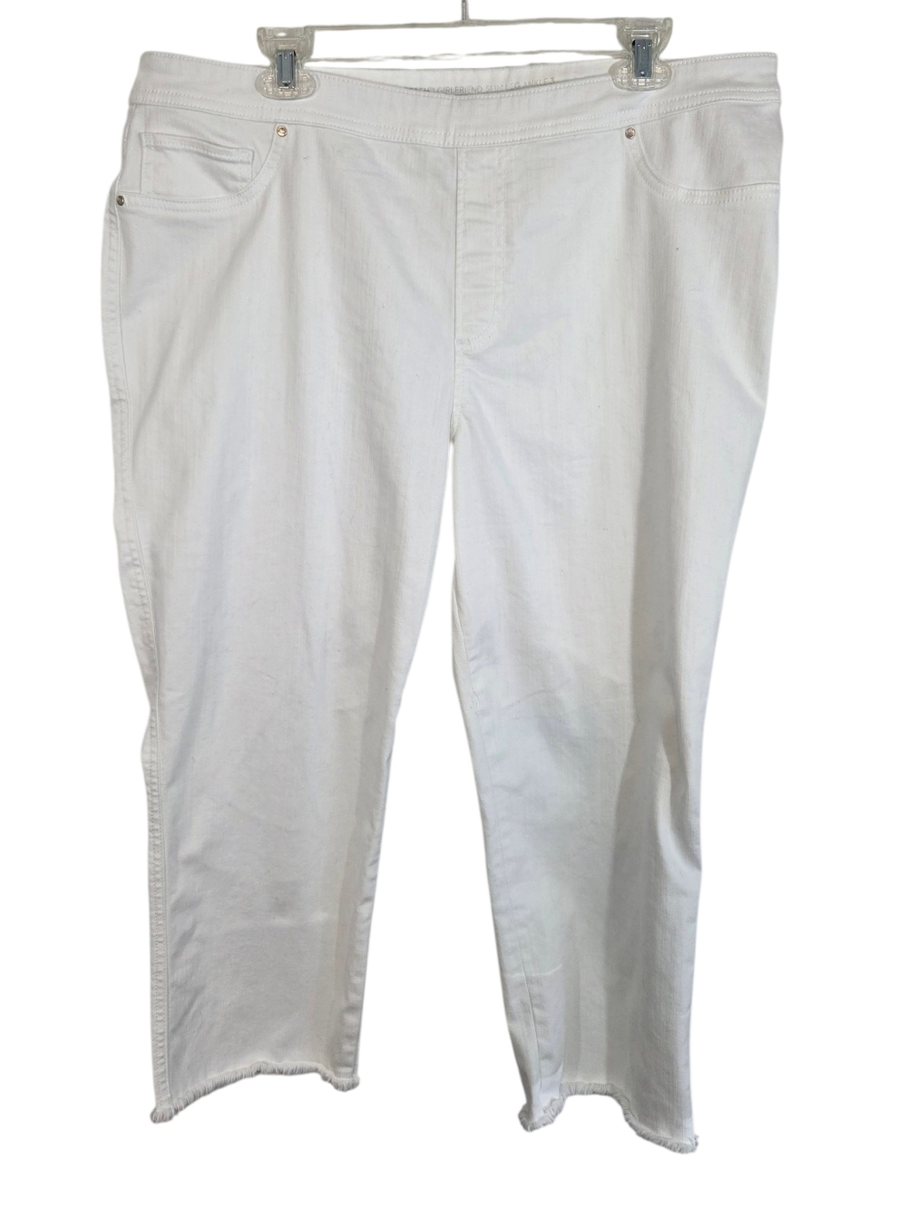 Chico's Girlfriend Slim Leg Ankle Raw Hem White Denim Stretch Capris Pants Sz 3